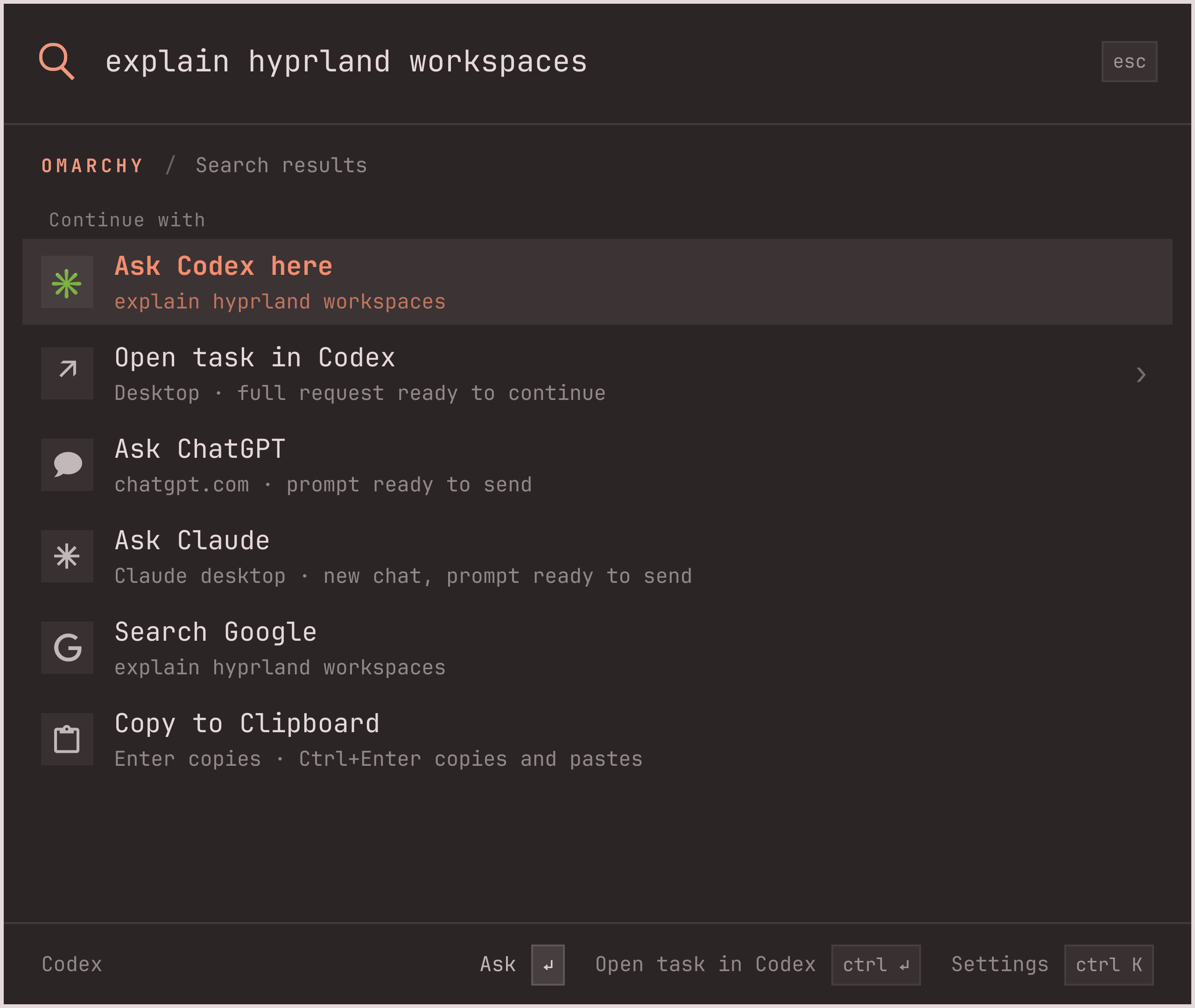 explain hyprland workspaces with Ask Codex here, Open task in Codex, Ask ChatGPT, Ask Claude and Search Google