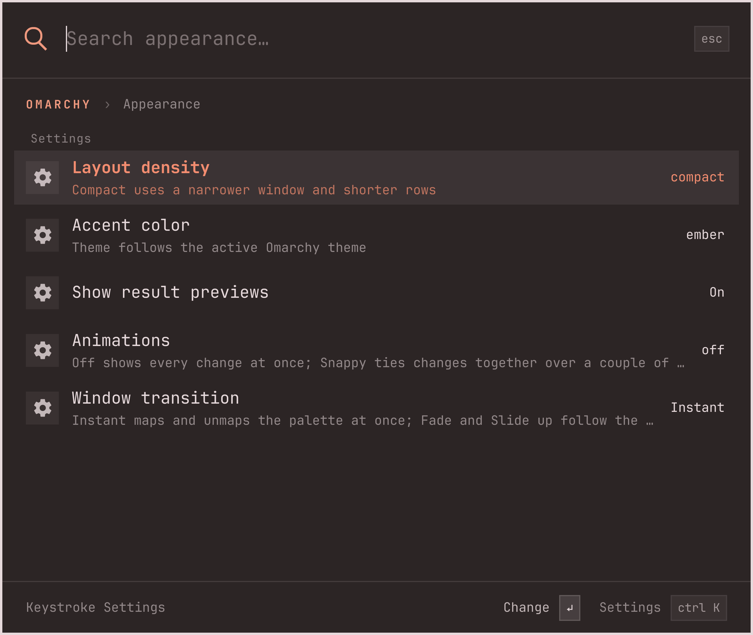Appearance settings: layout density, accent color, result previews, animations and window transition