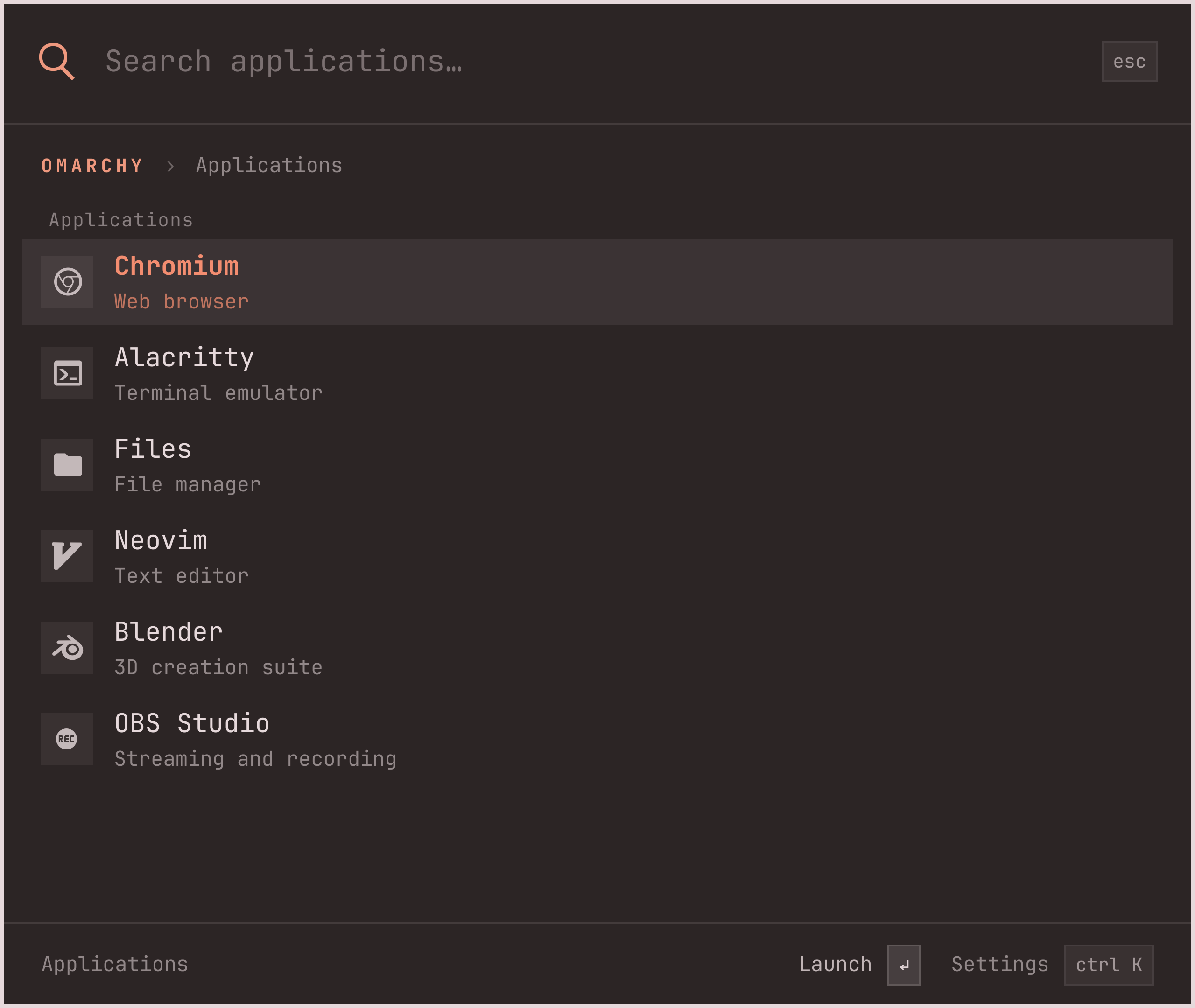 The Applications screen listing Chromium, Alacritty, Files, Neovim, Blender and OBS Studio