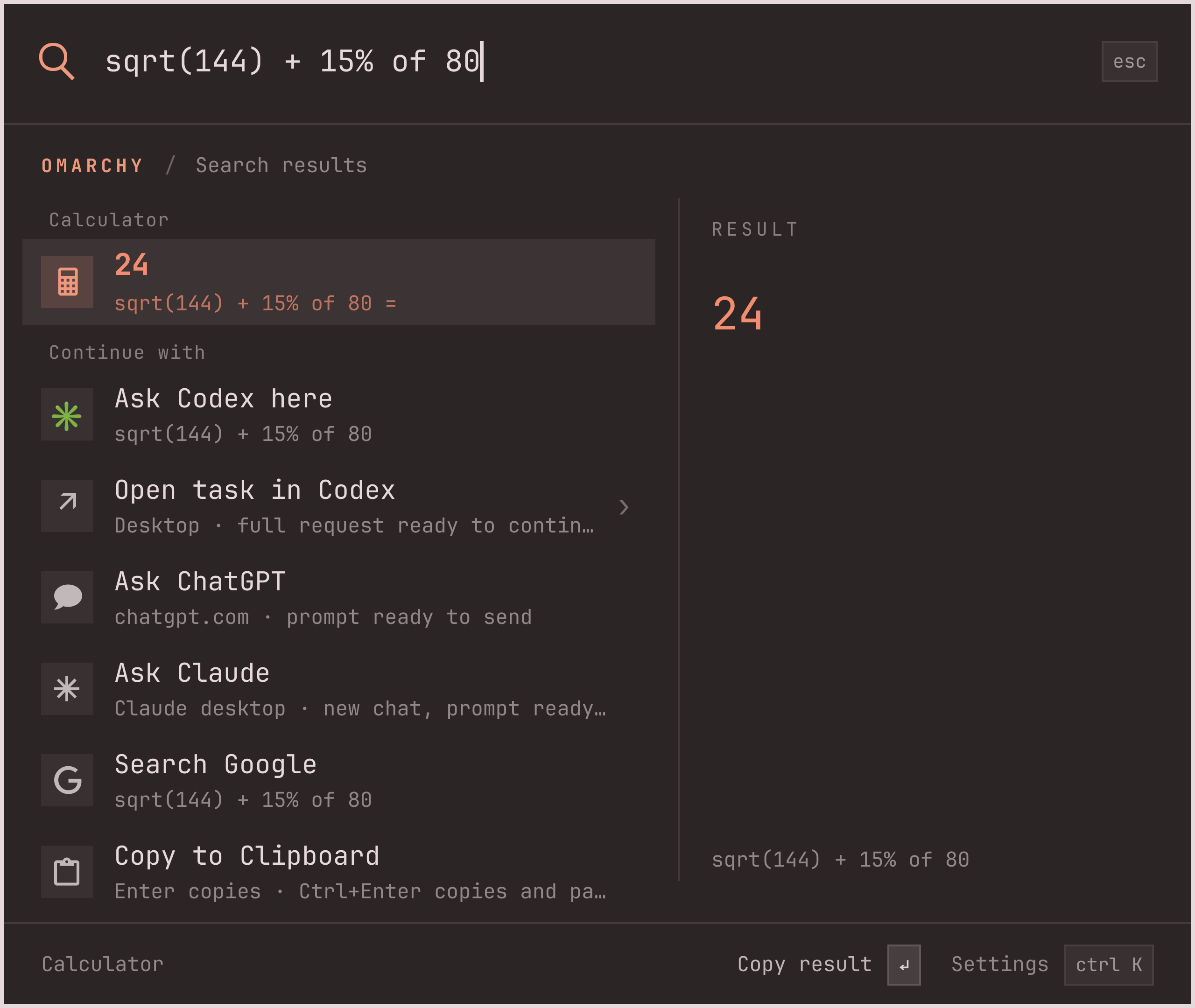sqrt(144) + 15% of 80 answered with 24