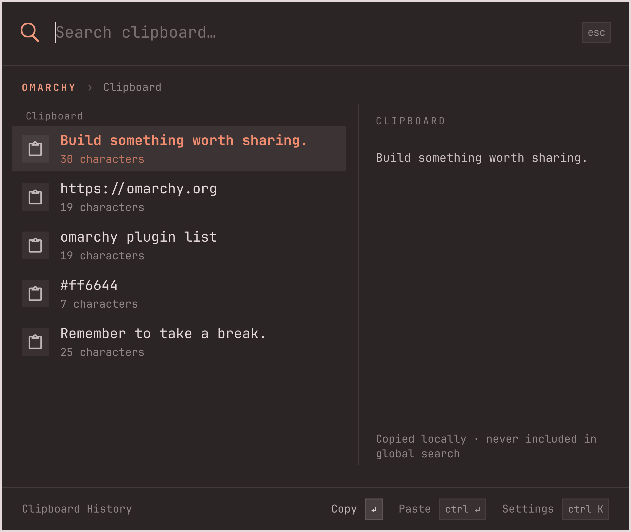 Clipboard history with five sample entries and a full-text preview