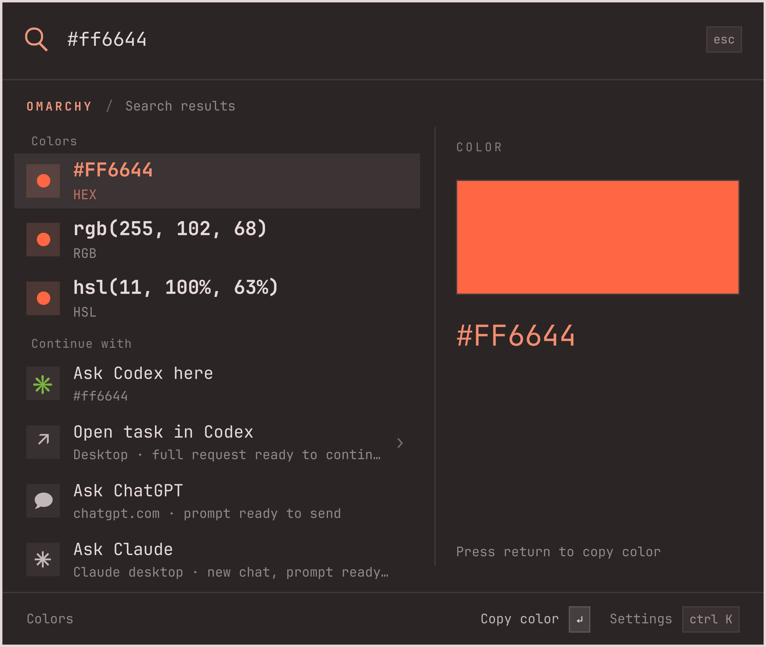 #ff6644 shown as HEX, RGB and HSL with an orange swatch