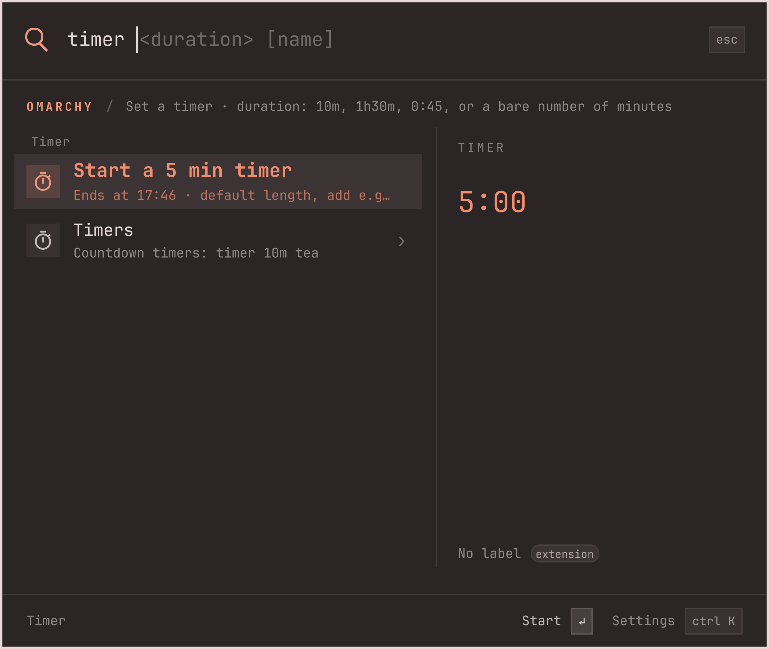 timer typed, with duration and name placeholders after the caret and a hint line naming the action and its first argument