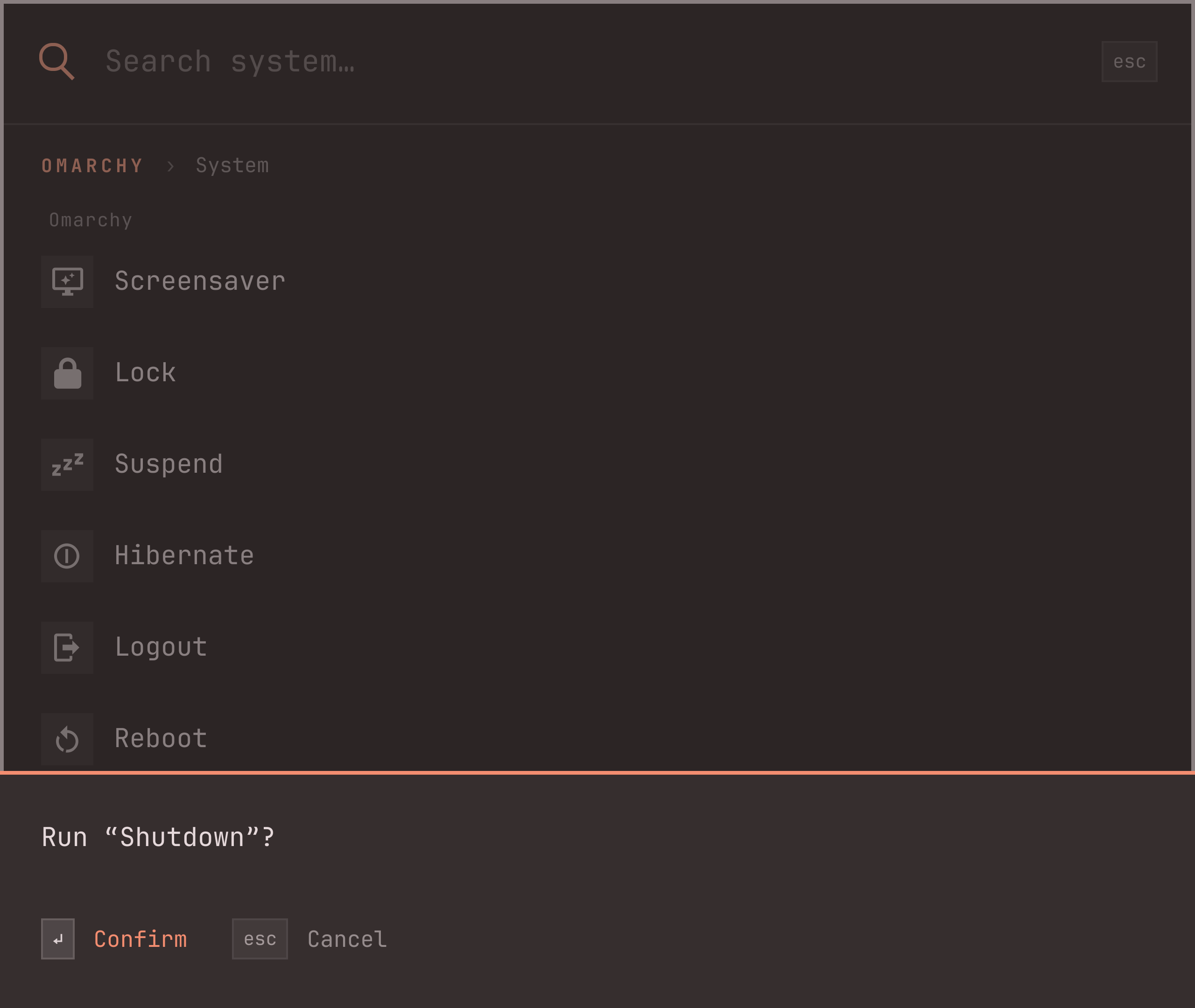 A confirmation over the System menu asking Run Shutdown? with Cancel and Confirm