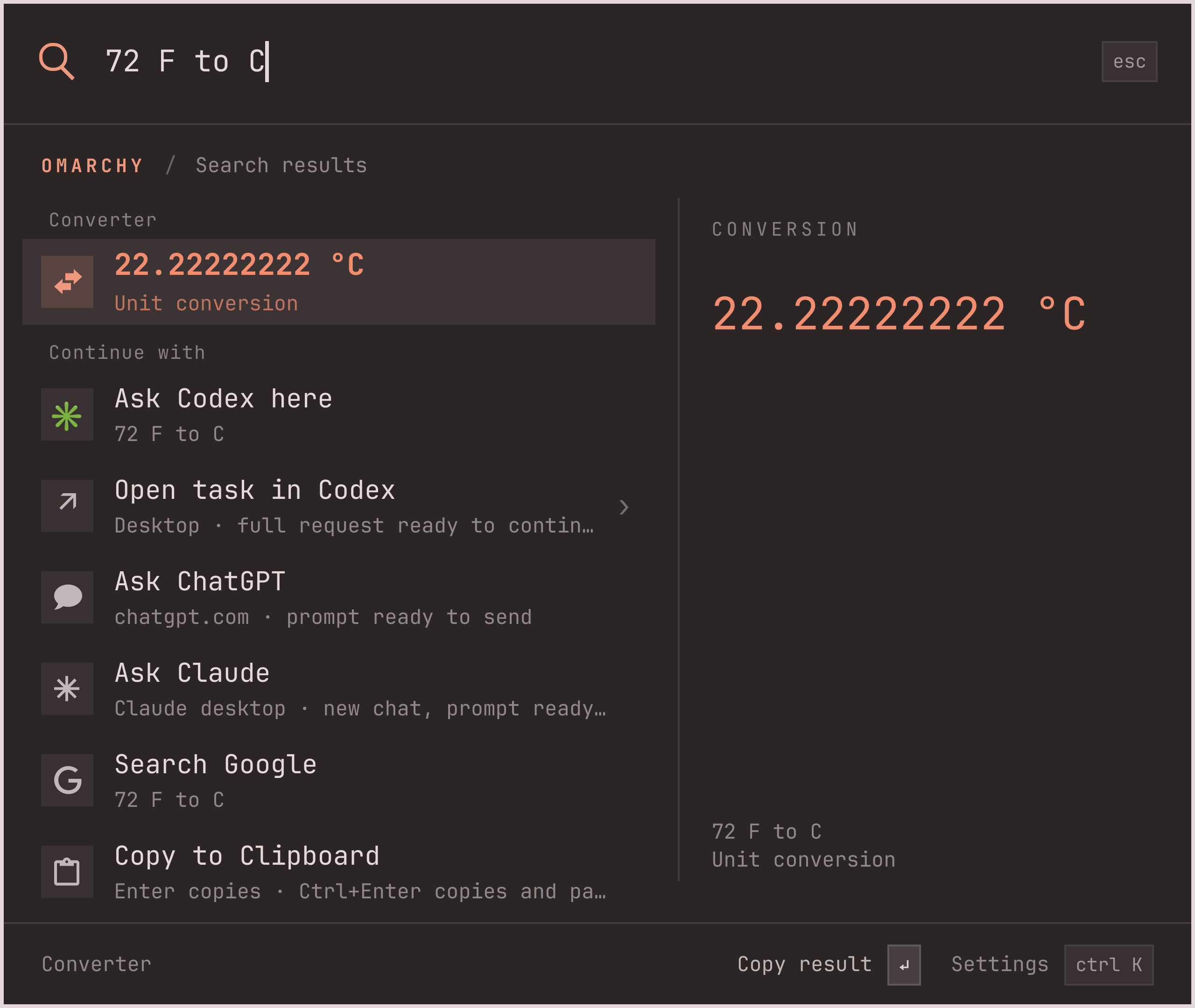 72 F to C answered with 22.2 degrees Celsius