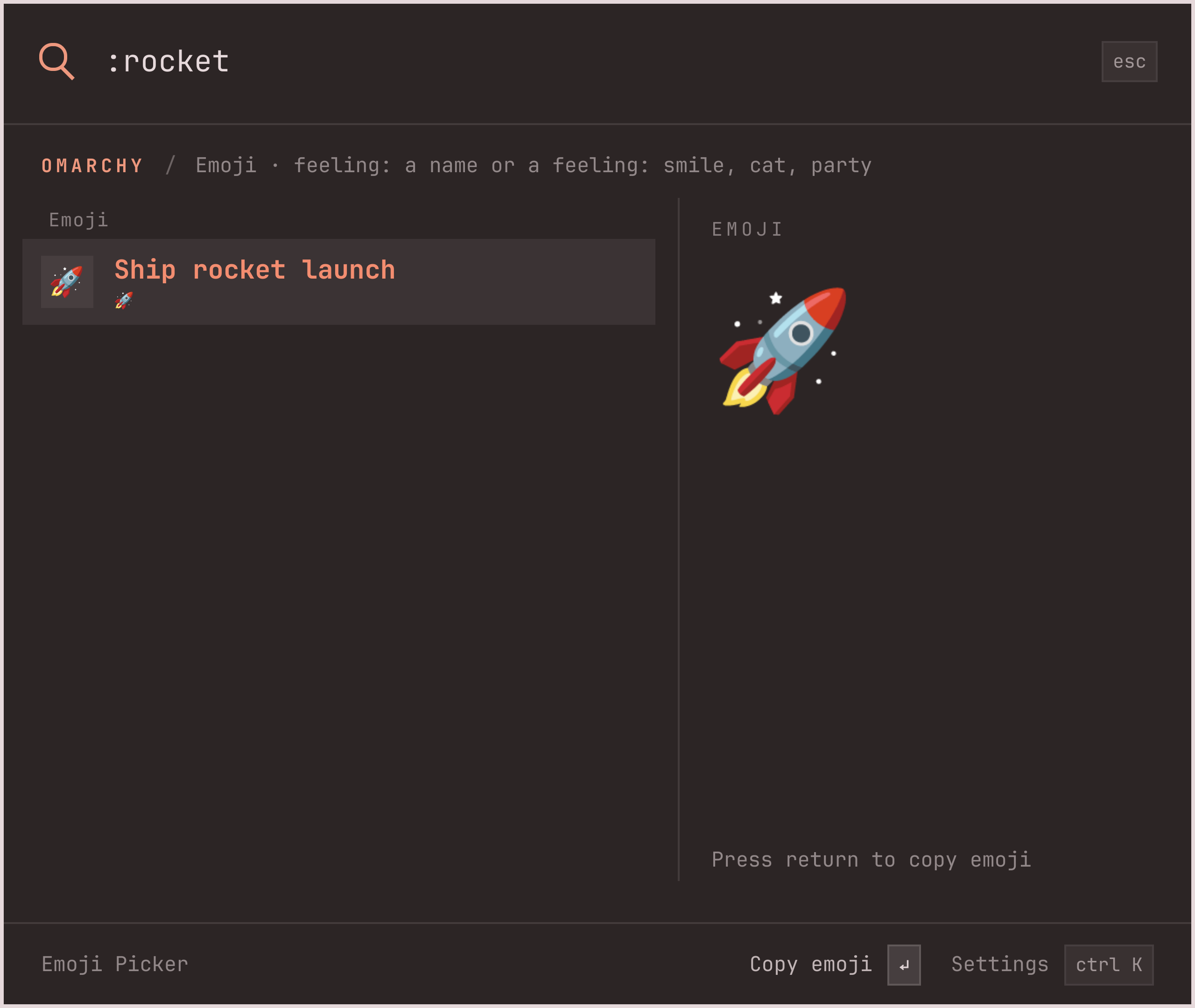:rocket finds the rocket emoji with a large preview