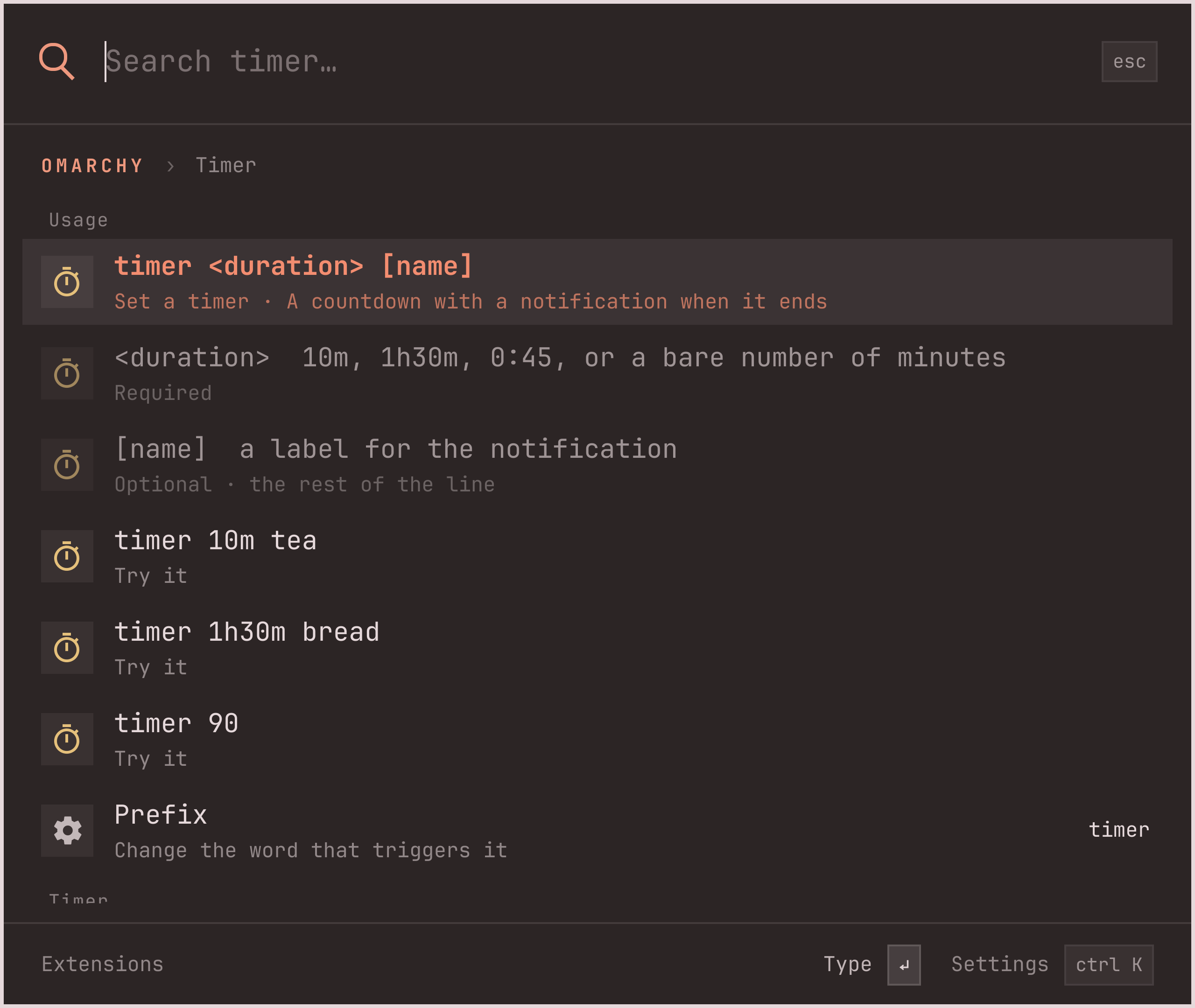 The Timer page: usage timer <duration> [name], the arguments, three runnable examples and the Prefix setting