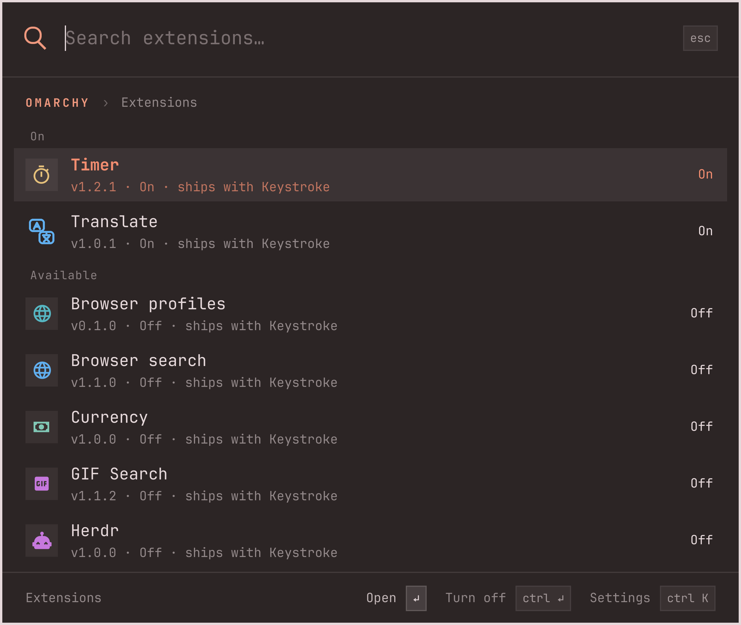 The Extensions screen listing Timer and Translate as on, and Write your own