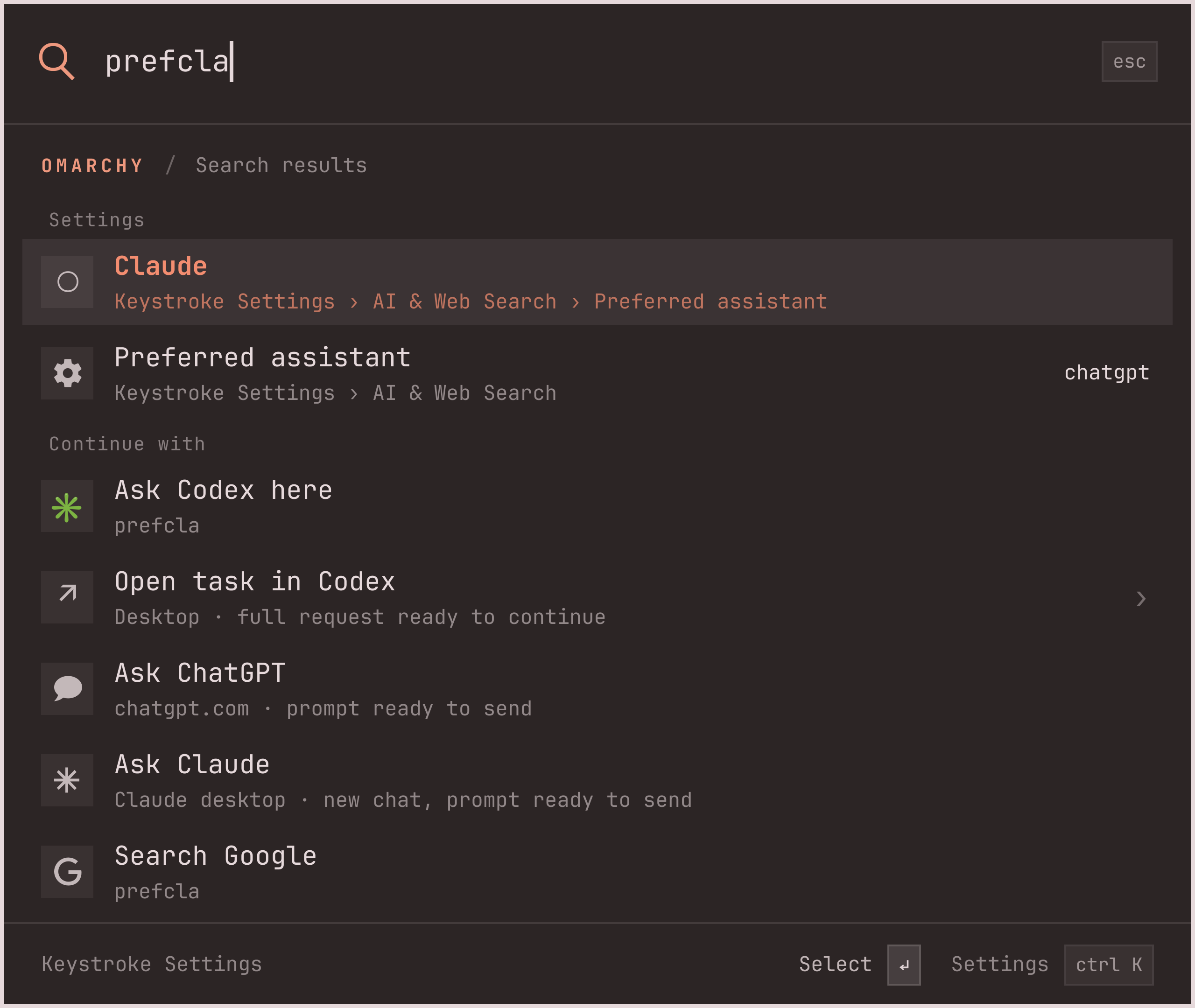 prefcla finds the Claude choice under Keystroke Settings, AI & Web Search, Preferred assistant