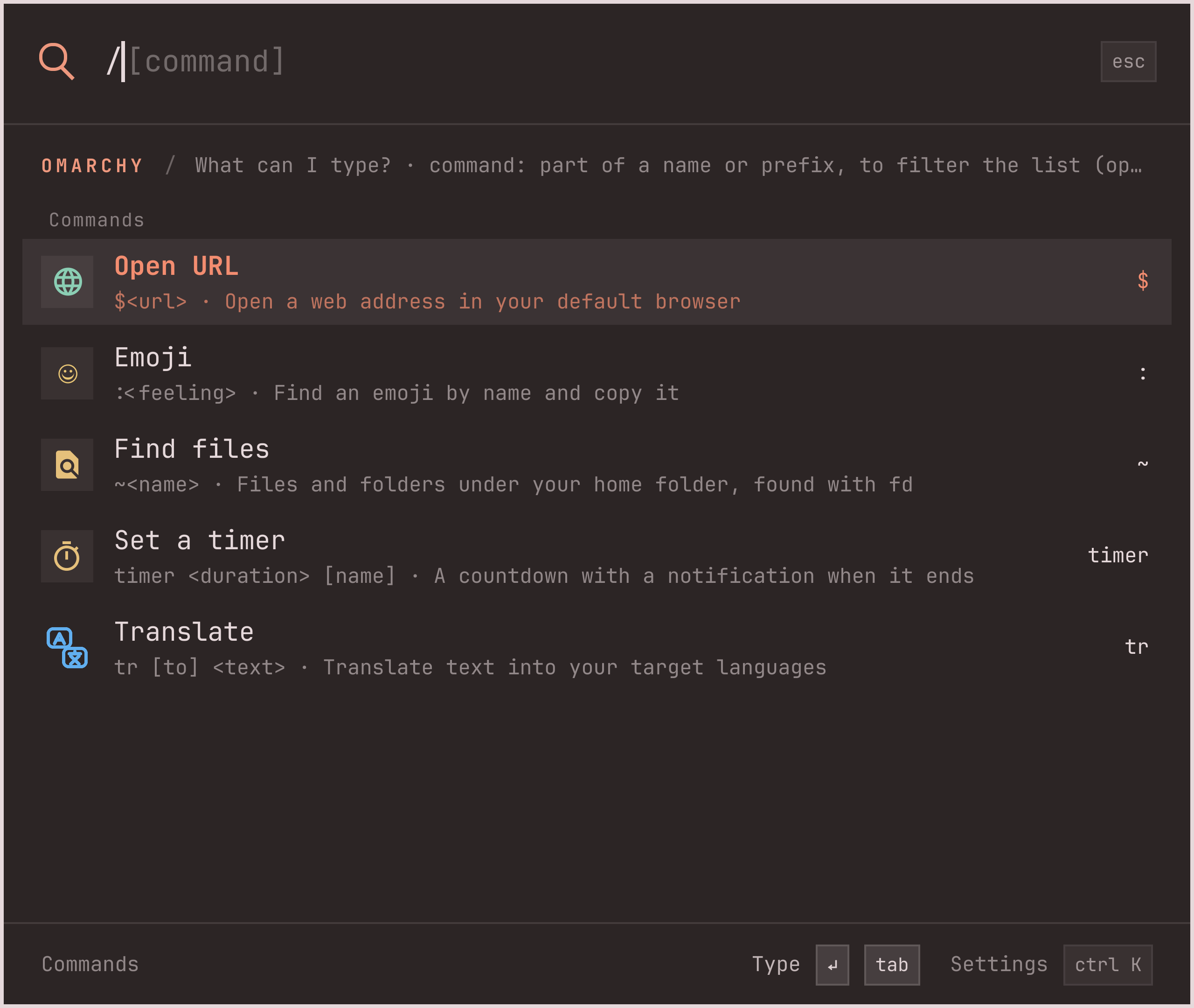 The / screen listing Emoji, Find files, Set a timer and Translate with their usage lines