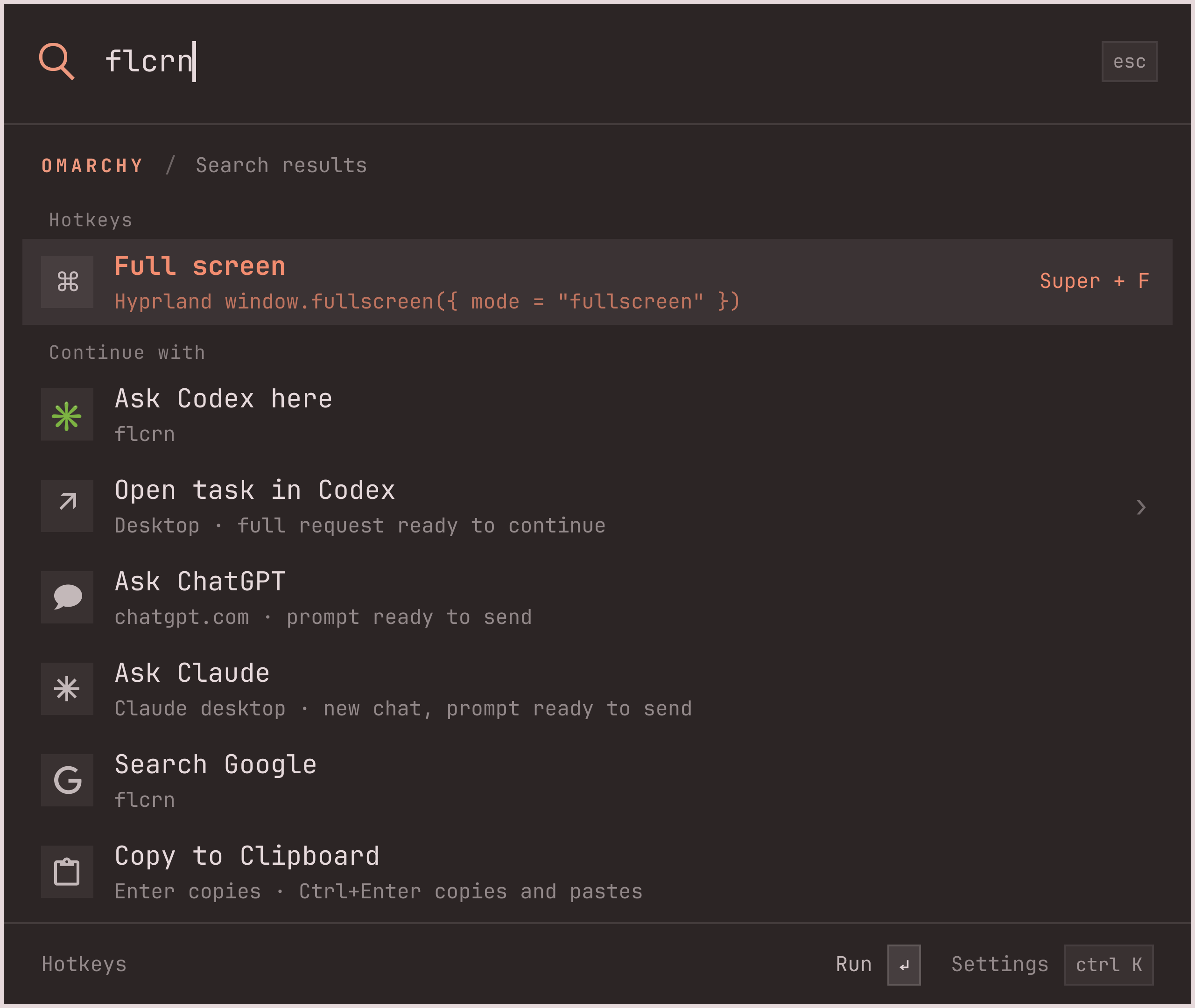 flcrn at the root finds Full screen with Super + F next to it