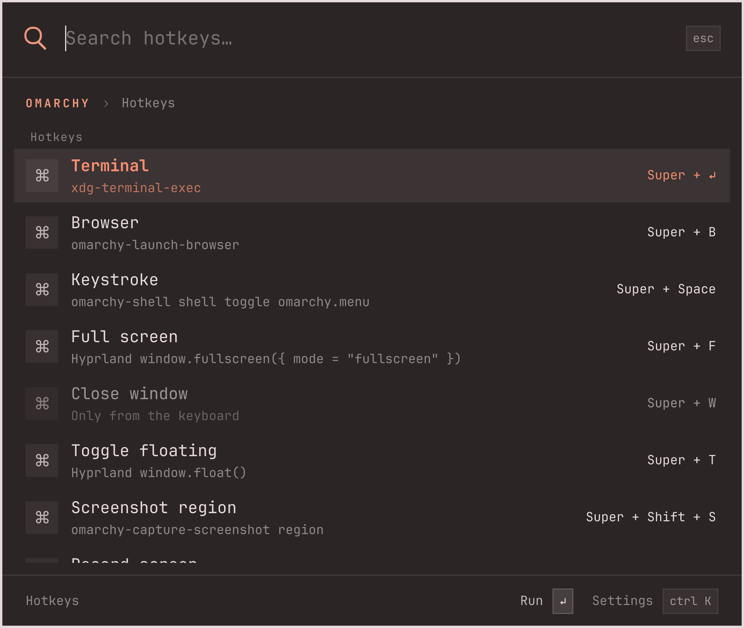The Hotkeys screen: Terminal, Browser, Keystroke, Full screen, Close window, Toggle floating and Screenshot region with their keys