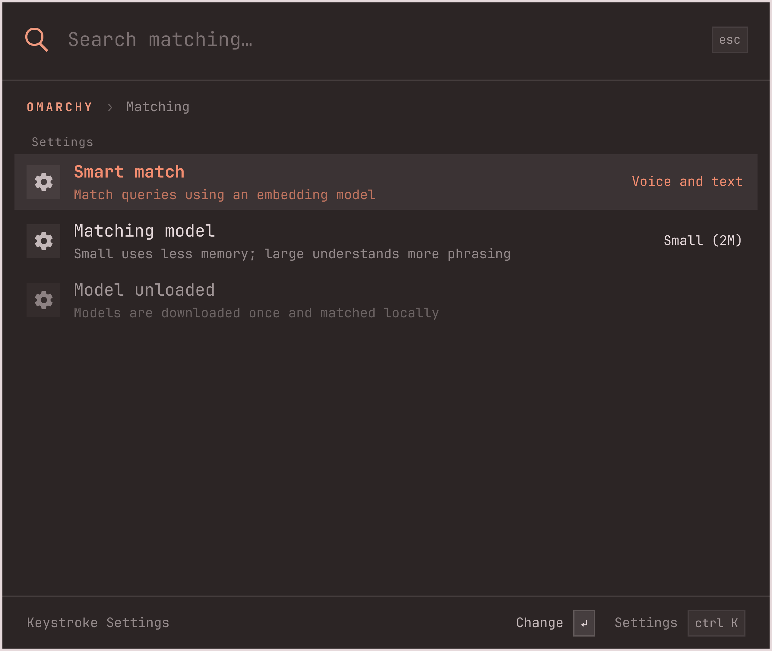 Matching settings: Smart match set to Voice and text, Matching model Small (2M), model unloaded