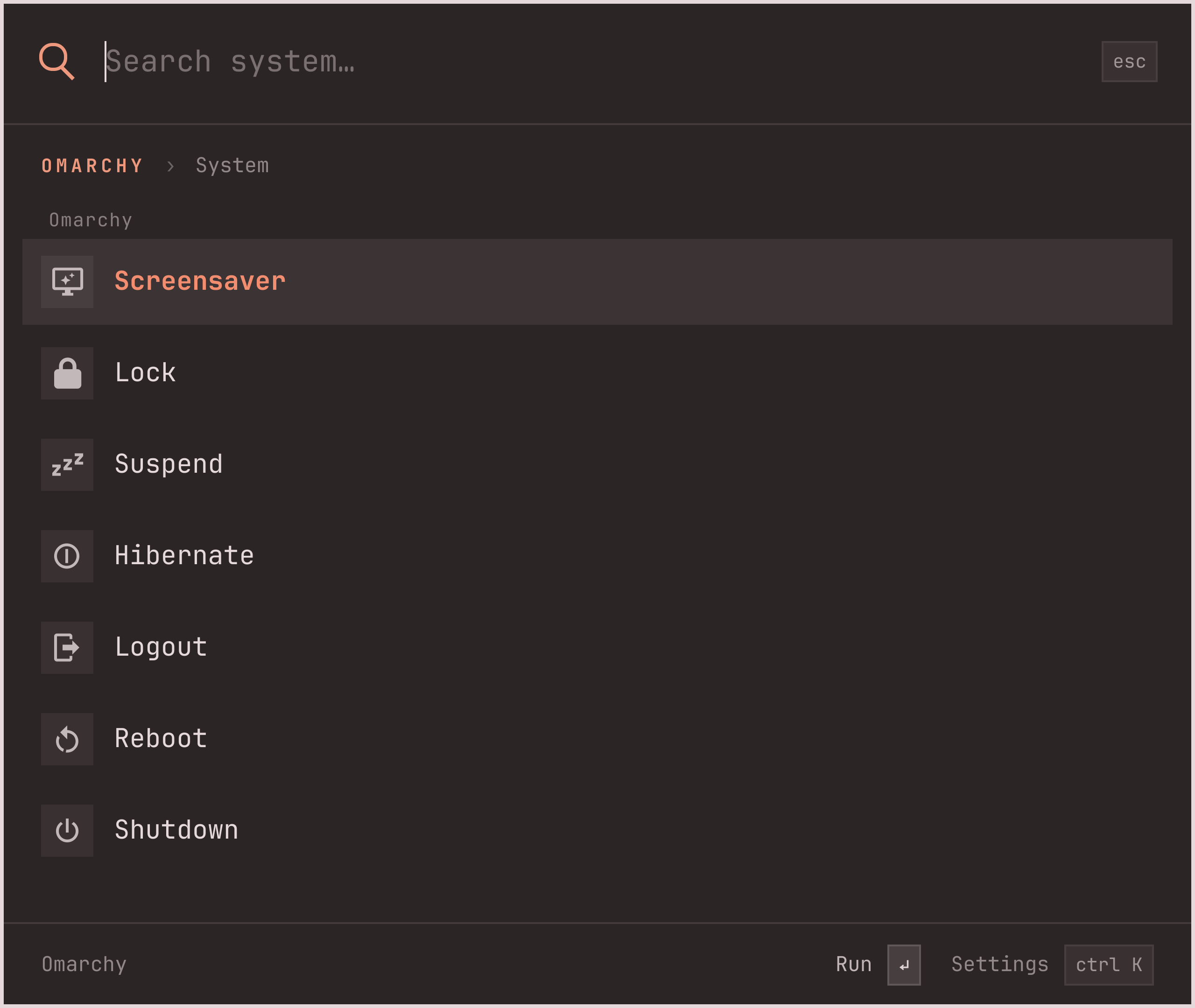 The System submenu: Screensaver, Lock, Suspend, Hibernate, Logout, Reboot, Shutdown