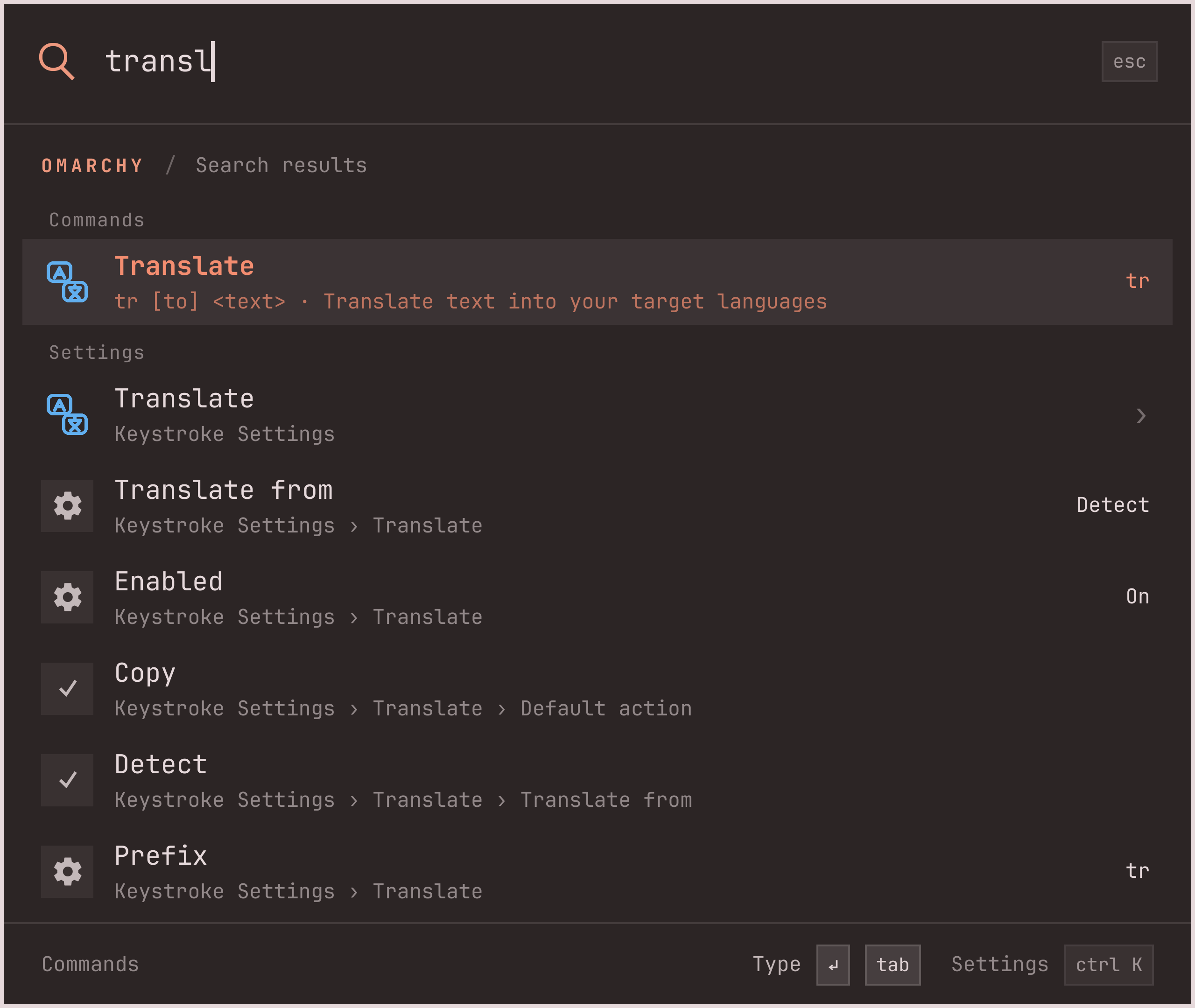 transl suggests the Translate command with tab types tr next to it