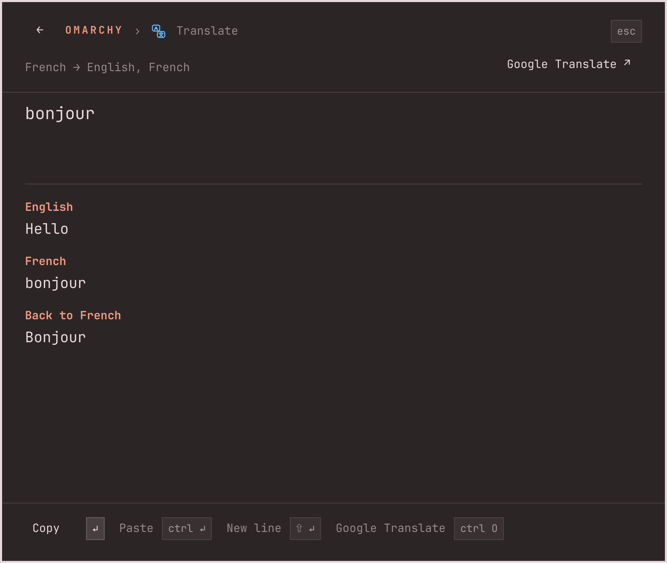 The Translate editor with bonjour, its English and French blocks, and the reverse translation