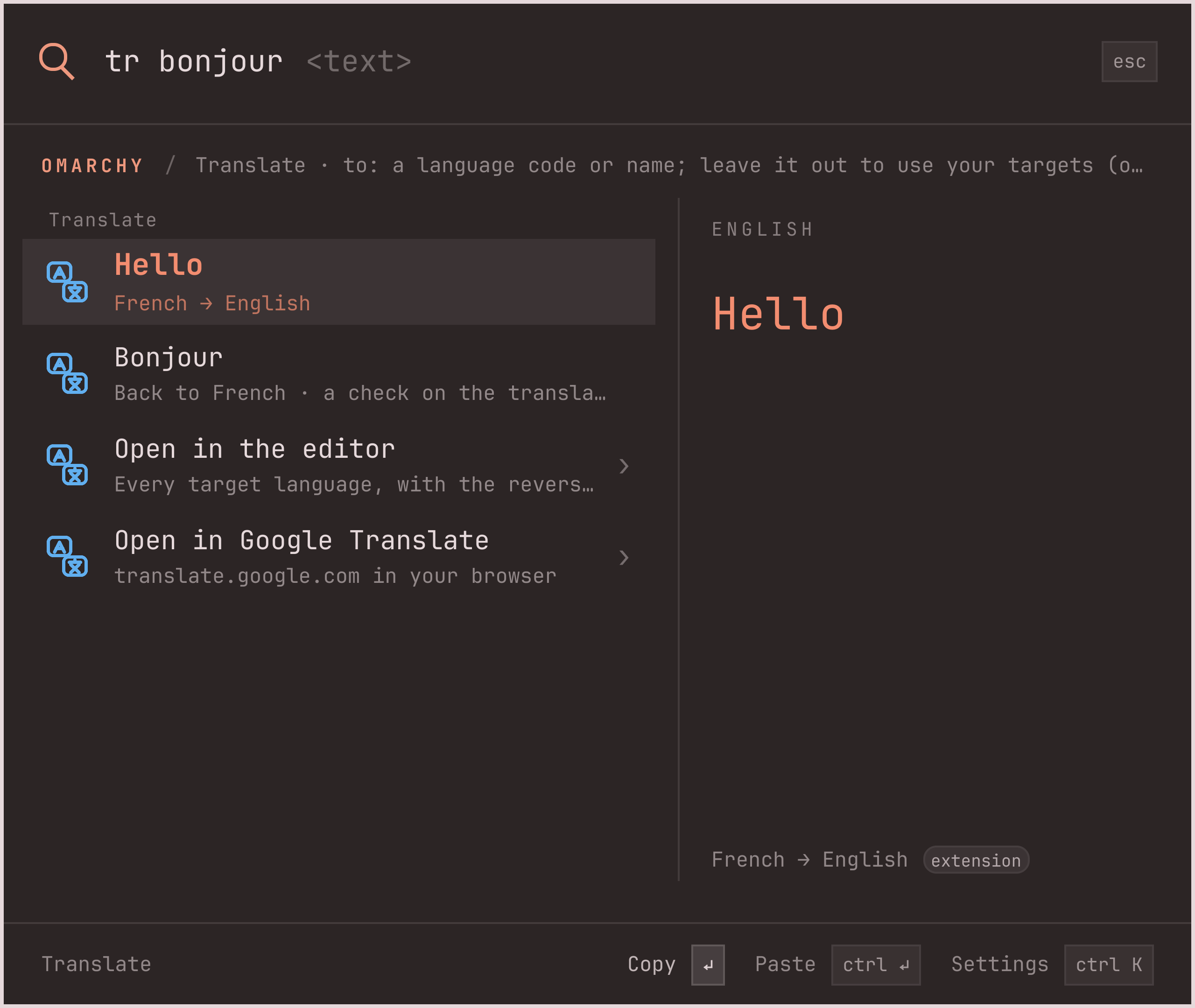 tr bonjour answered with Hello, the reverse translation Bonjour, and Open in the editor