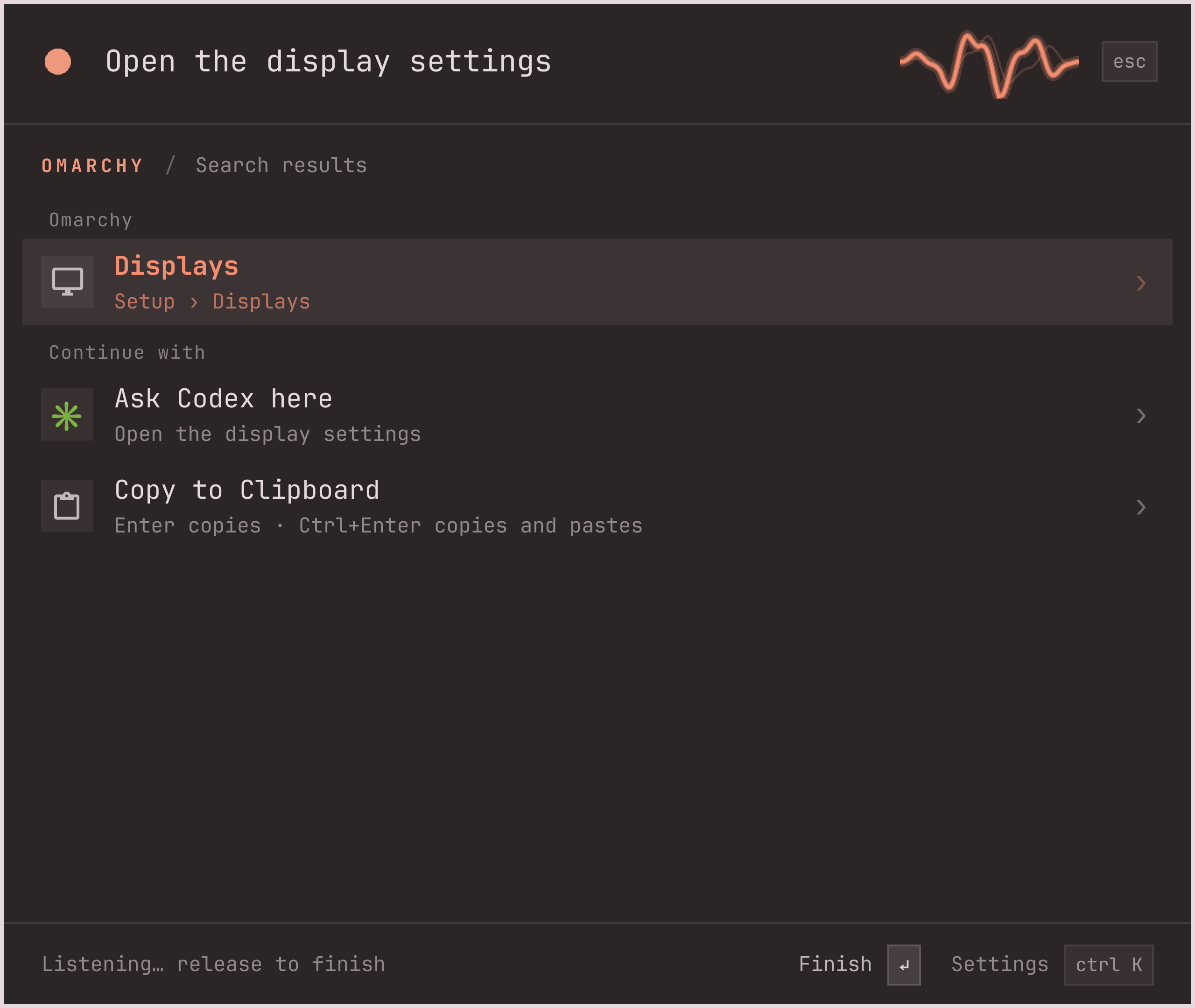 A live waveform beside the spoken query Open the display settings, with Displays as the first result